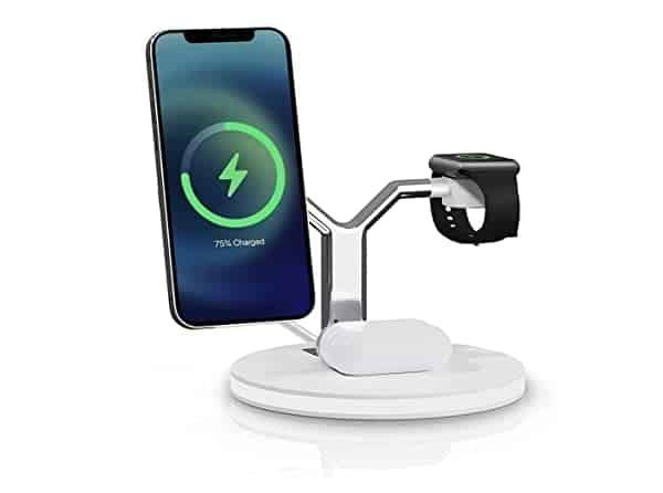 Caricatore wireless 3 in 1, supporto per MagSafe, stazione di ricarica Apple per iPhone 12/Pro/Max/Mini, 5 W per AirPods Pro/2,15 W, Magsafe (adattatore QC 3.0 incluso)